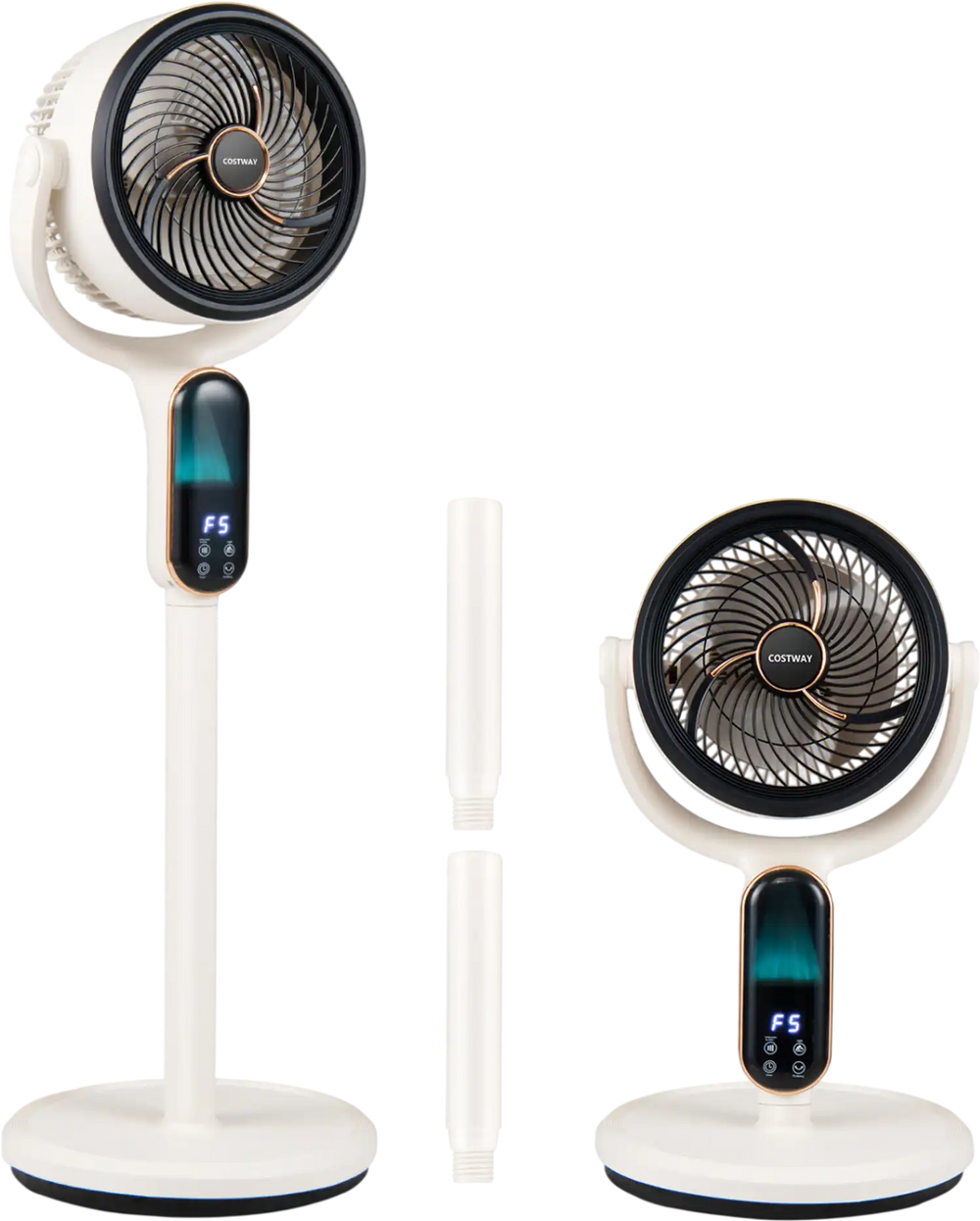 Oscillating pedestal fan with adjustable height, 8 speeds, remote control, and LED display for whole-room air.