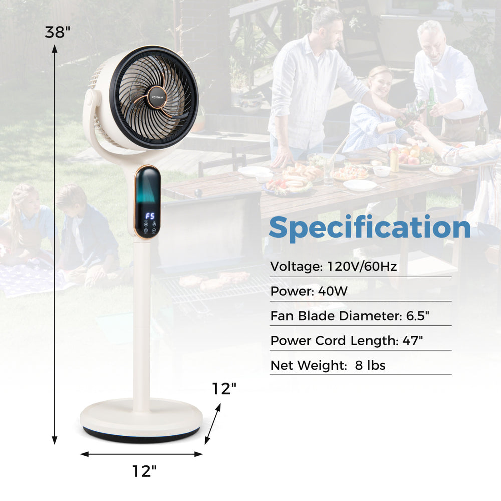 Oscillating pedestal fan with stable round base, 8 speeds, and adjustable height for versatile air circulation anywhere.