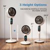 Adjustable oscillating pedestal fan shown in three height options, featuring 8 speeds and remote control for versatile.