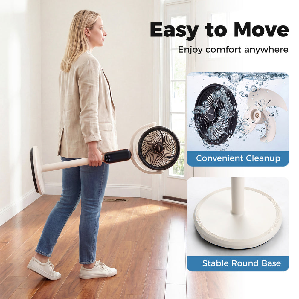 Oscillating pedestal fan with adjustable height, 8 speeds, and remote control, perfect for whole-room air circulation.