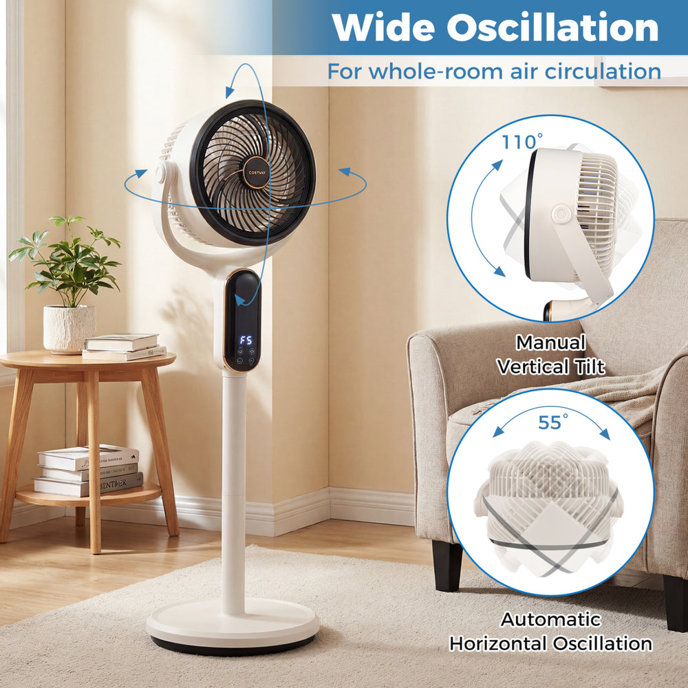 Oscillating pedestal fan with 8 speeds, 110° manual and 55° auto oscillation, adjustable height for bedroom use.