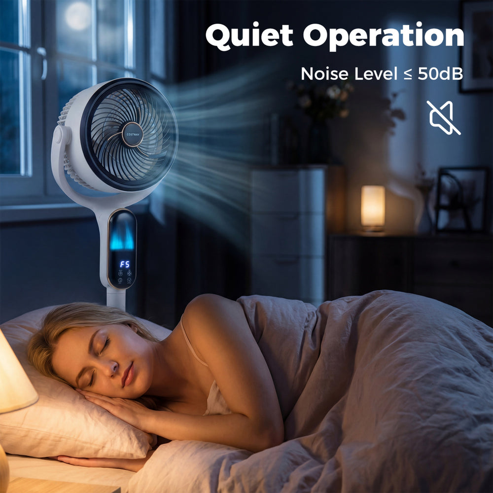 Oscillating pedestal fan with adjustable height, 8 speeds, and quiet operation, ideal for bedroom air circulation.