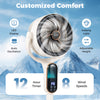 Oscillating pedestal fan with LED display, 8 speeds, 12H timer, and adjustable height for efficient air circulation.