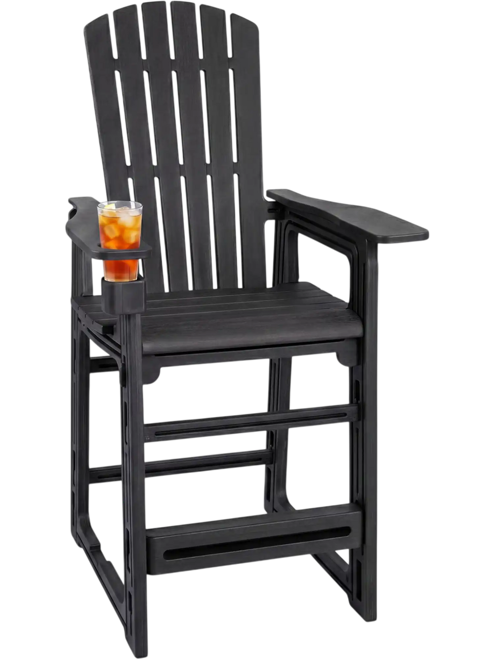 Tall Adirondack bar stool in navy blue with armrests, footrest, and cup holder, perfect for outdoor patio relaxation.