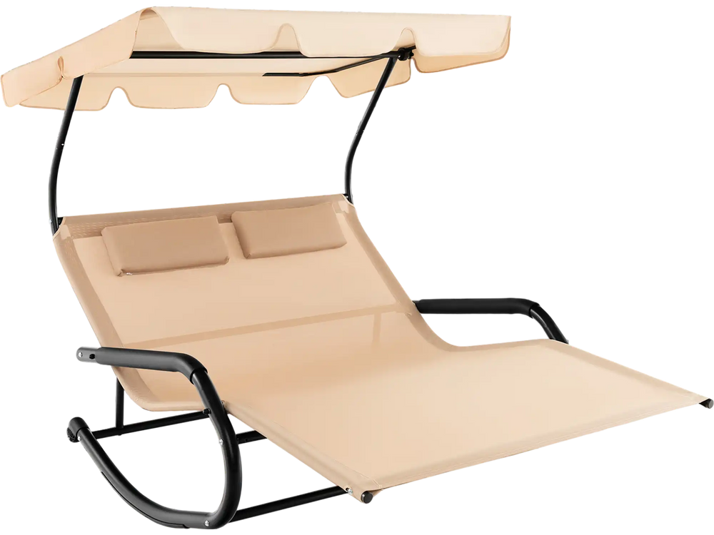 Beige outdoor rocking chaise lounge with a sturdy metal frame and gentle rocking design, ideal for backyard relaxation.
