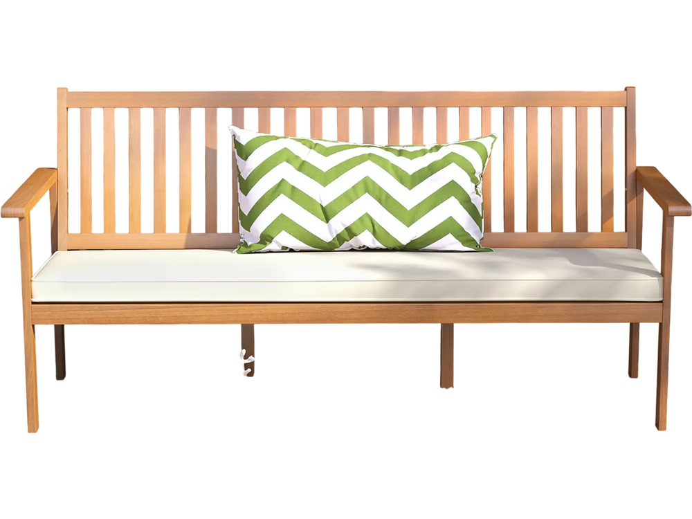 Outdoor 3-seat acacia wood bench with white cushion, ideal for garden or porch relaxation.