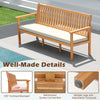 Outdoor 3-seat wood bench with soft cushion, slatted seat design, and adjustable footpads for garden or porch use.