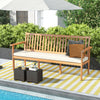 Outdoor 3-seat wood bench in acacia with soft cushion, perfect for garden or backyard relaxation by the pool.