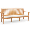 Outdoor 3-seat acacia wood bench with white seat cushion, designed for comfort and stability in gardens or backyards.
