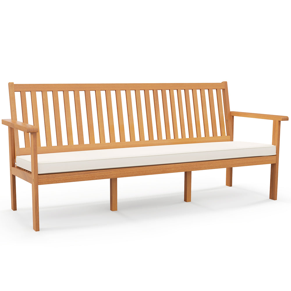 Outdoor 3-seat acacia wood bench with white seat cushion, designed for comfort and stability in gardens or backyards.