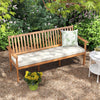 Outdoor 3-seat wood bench with white cushion, featuring acacia wood and slatted design, ideal for garden relaxation.