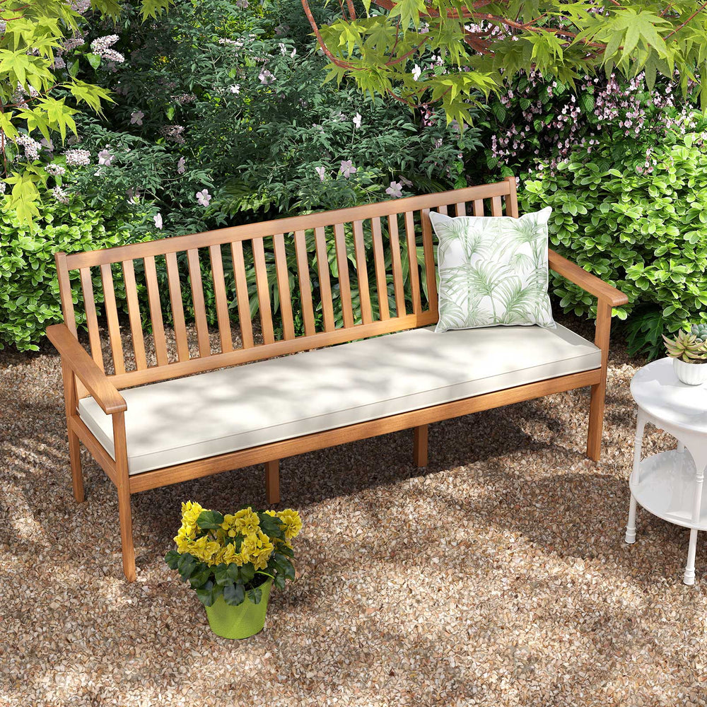 Outdoor 3-seat wood bench with white cushion, featuring acacia wood and slatted design, ideal for garden relaxation.
