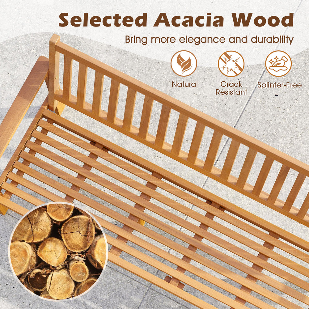 Slatted seat of the outdoor 3-seat wood bench made from acacia wood, featuring a soft cushion for comfort in any garden.