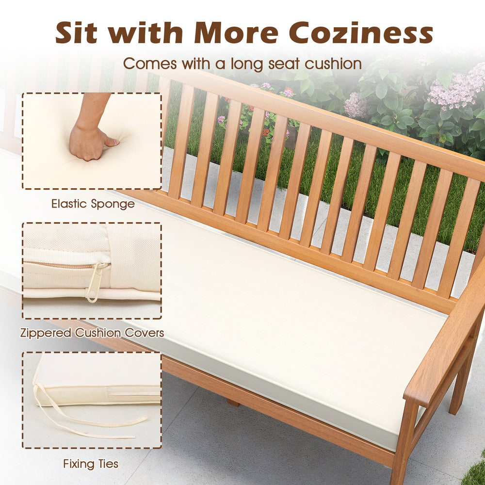 Outdoor 3-seat wood bench with white seat cushion, featuring zippered covers and fixing ties for stability in the.