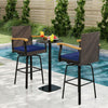 Outdoor 360° swivel bar stools with navy cushions and acacia wood armrests, perfect for poolside relaxation.