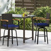 Outdoor 360° swivel bar stool with navy cushion and acacia wood armrests, perfect for backyard or poolside use.