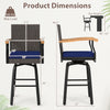 Outdoor 360° swivel bar stool features navy cushion, acacia wood armrests, and durable brown PE rattan for backyard use.