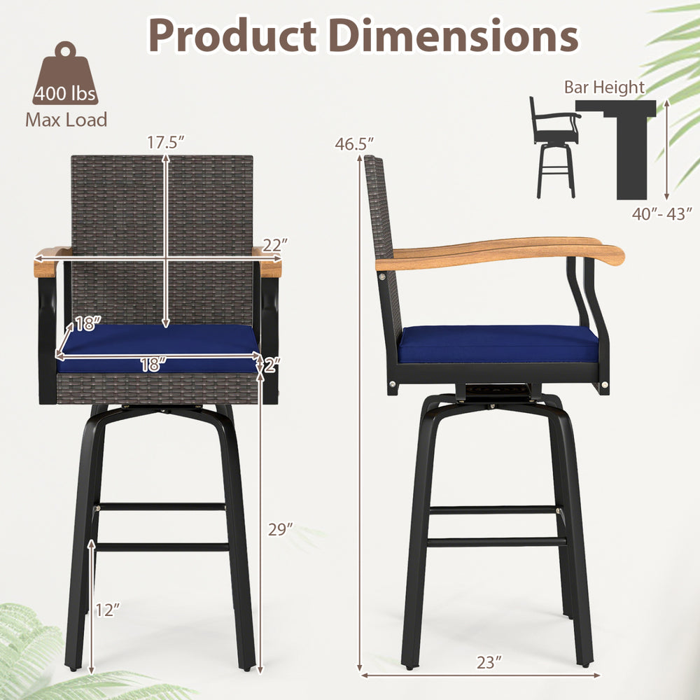 Outdoor 360° swivel bar stool features navy cushion, acacia wood armrests, and durable brown PE rattan for backyard use.
