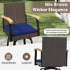 Outdoor 360° swivel bar stool features mix brown PE rattan, navy cushion, and acacia wood armrests for backyard comfort.