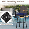 Outdoor 360° swivel bar stool features a navy cushion, acacia wood armrests, and durable PE rattan for backyard comfort.