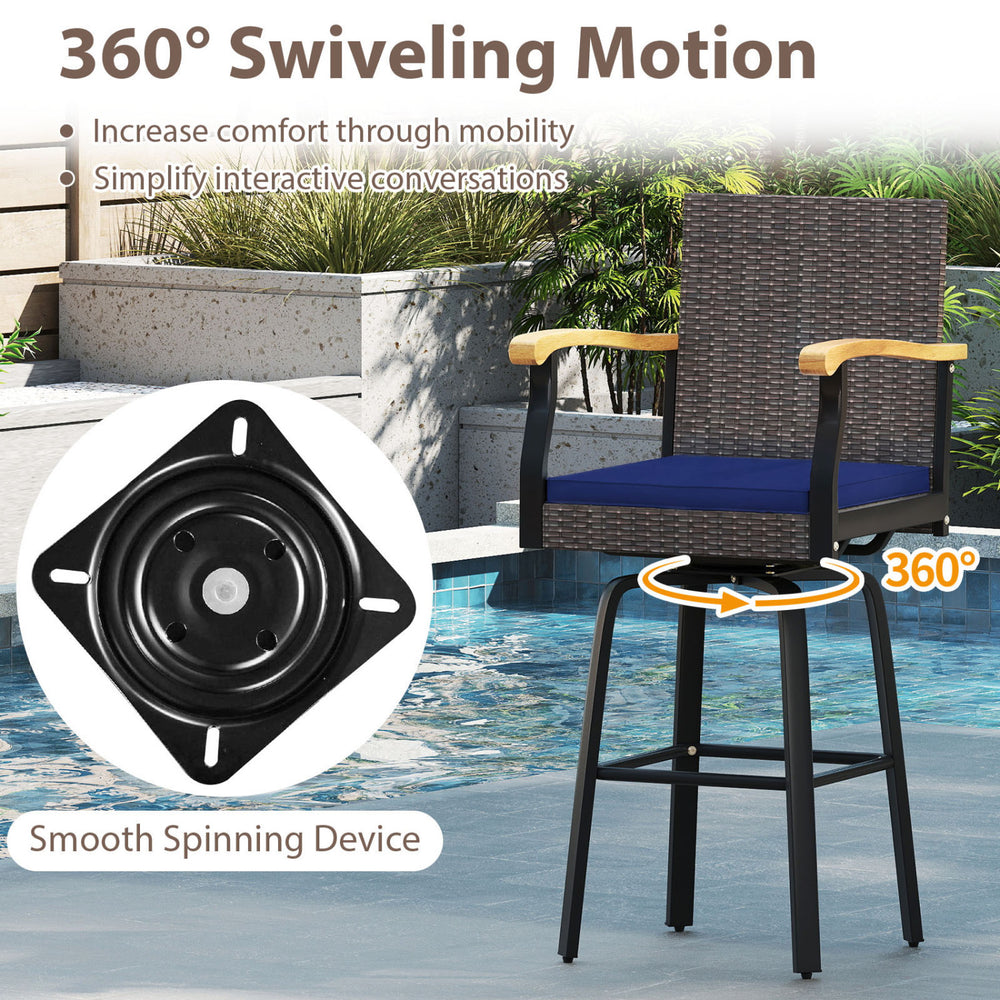 Outdoor 360° swivel bar stool features a navy cushion, acacia wood armrests, and durable PE rattan for backyard comfort.