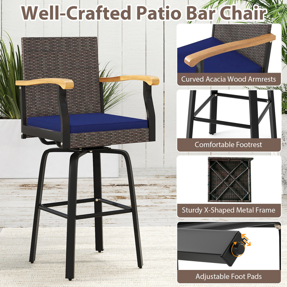 Outdoor 360° swivel bar stool features navy cushion, acacia wood armrests, and durable PE rattan for backyard comfort.