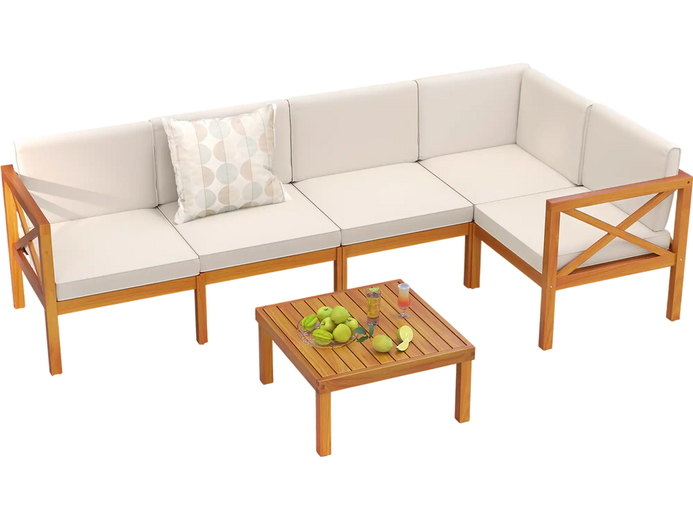 Outdoor 6-piece acacia wood patio sectional furniture set with off-white cushions, perfect for garden or backyard.