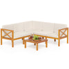 Outdoor 6-piece acacia wood patio sectional set with off-white cushions, perfect for garden or poolside relaxation.