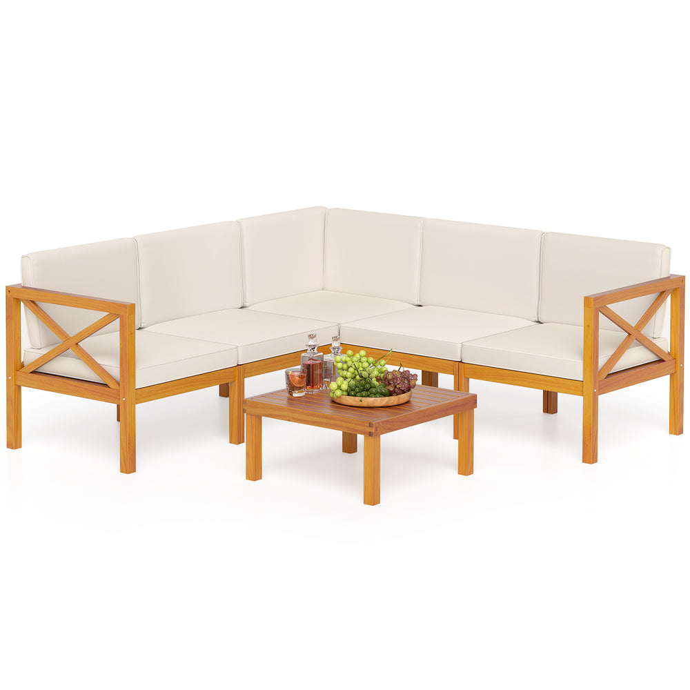Outdoor 6-piece acacia wood patio sectional set with off-white cushions, perfect for garden or poolside relaxation.