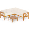 L-shaped outdoor sectional furniture set in acacia wood with off-white cushions, perfect for patio or garden relaxation.