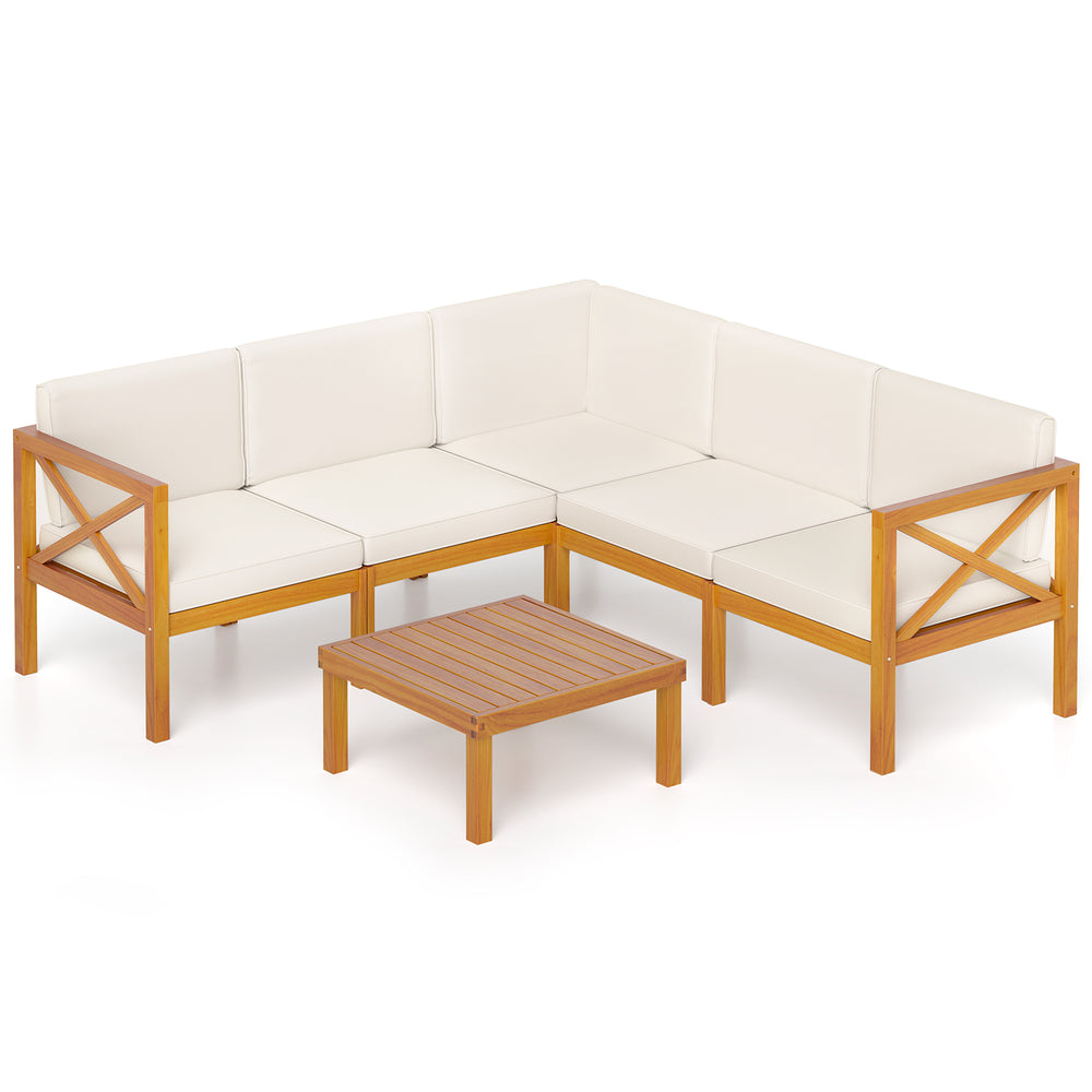 L-shaped outdoor sectional furniture set in acacia wood with off-white cushions, perfect for patio or garden relaxation.