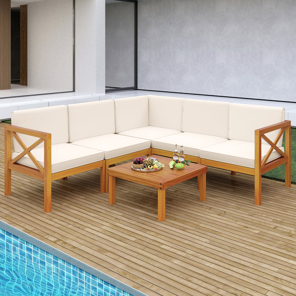 Outdoor 6-piece acacia wood patio sectional furniture set with off-white cushions, ideal for backyard and poolside.