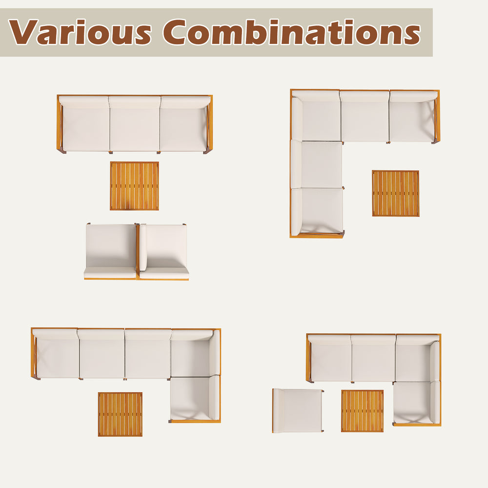 Outdoor 6-piece acacia wood patio sectional furniture set in various configurations, featuring off-white cushions for.