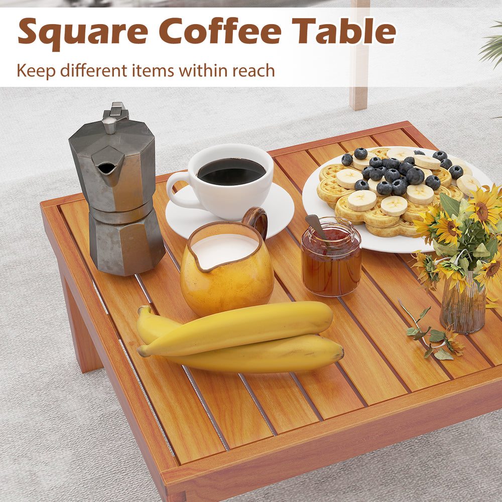 Square coffee table in acacia wood, featuring a smooth surface, ideal for outdoor patio and garden use.