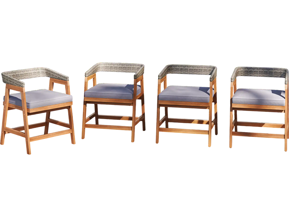 Set of 4 outdoor acacia wood patio wicker dining chairs with gray seat cushions, ideal for poolside relaxation.