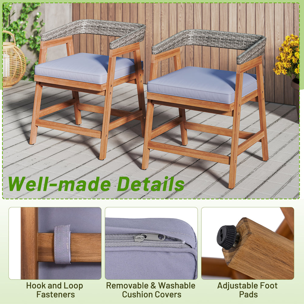 Outdoor acacia wood patio dining chairs set of 4 with gray seat cushions, featuring removable covers and adjustable.