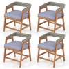 Set of 4 outdoor acacia wood patio wicker dining chairs with gray seat cushions, ideal for backyard and poolside use.