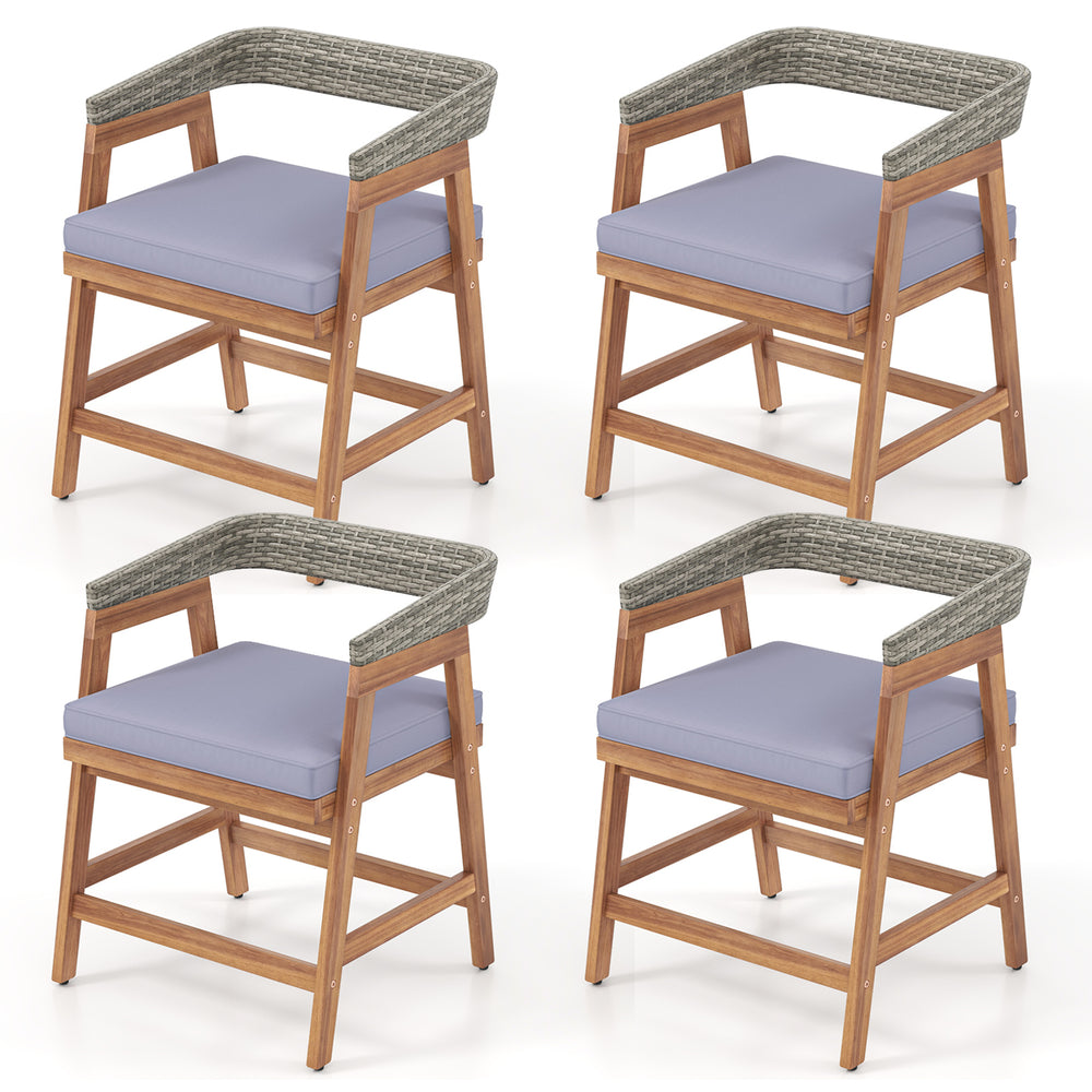 Set of 4 outdoor acacia wood patio wicker dining chairs with gray seat cushions, ideal for backyard and poolside use.