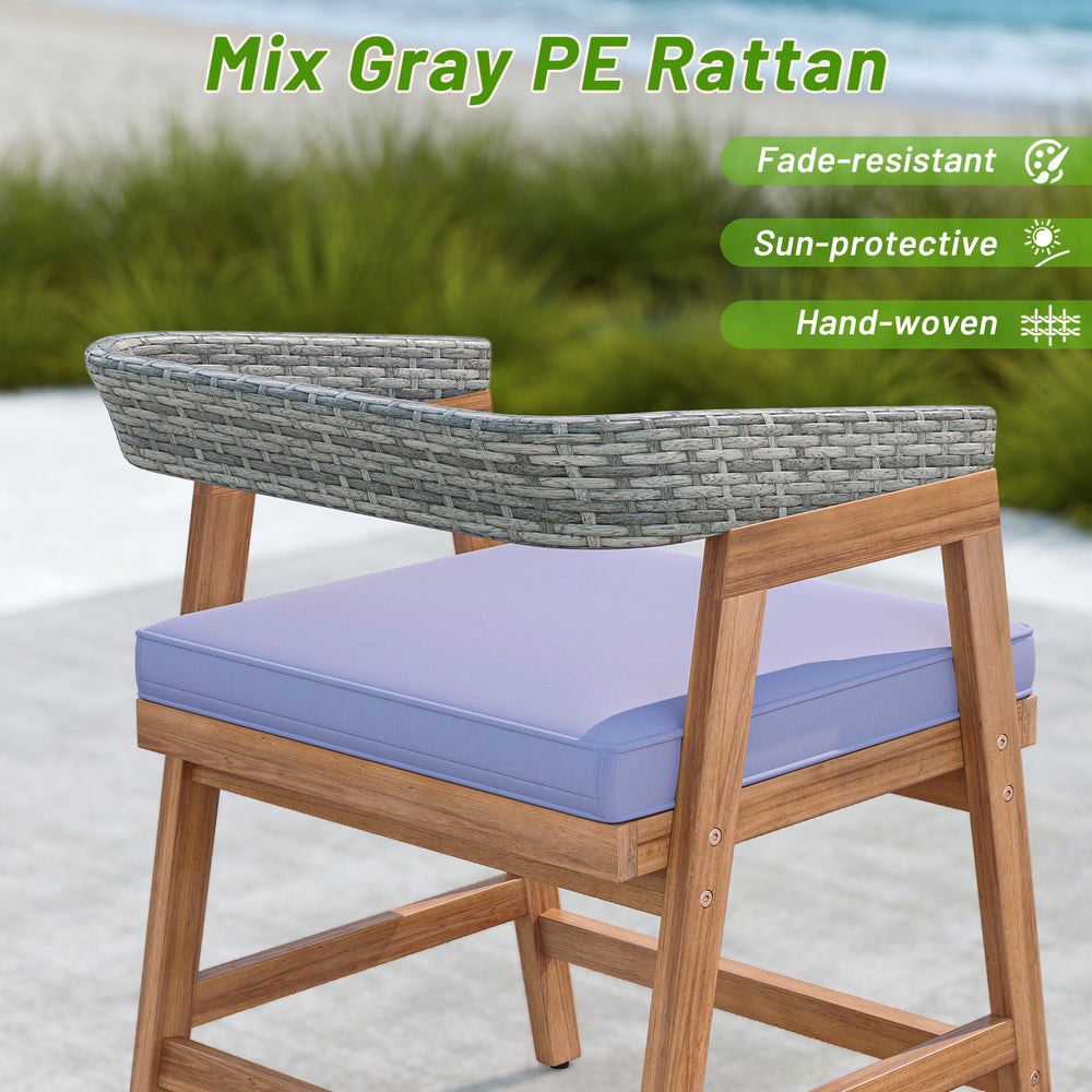 Hand-woven mix gray PE rattan dining chair with soft cushion, made of acacia wood, perfect for outdoor patio use.