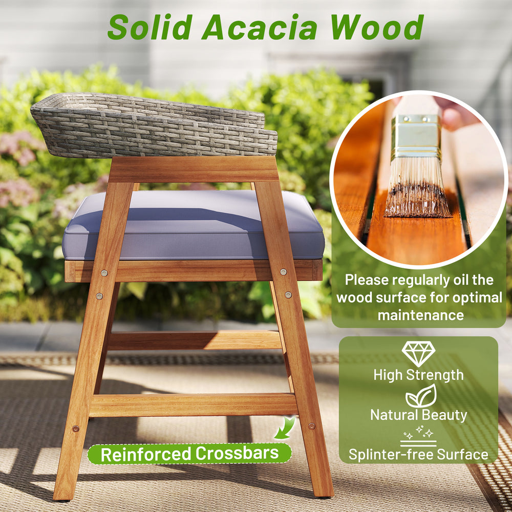 Outdoor acacia wood dining chair with gray cushion, featuring reinforced crossbars for stability and natural elegance.