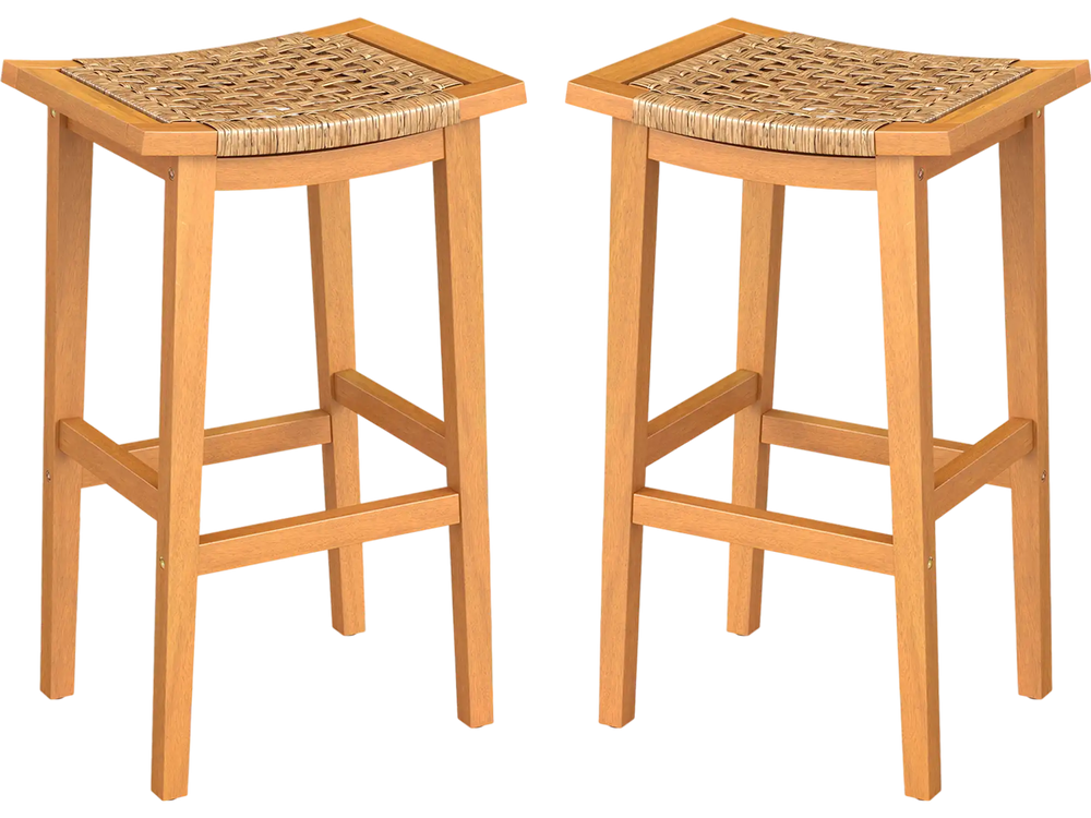 Outdoor Acacia Wood Bar Stools Set of 2 with PE Rattan Seats and Backrests