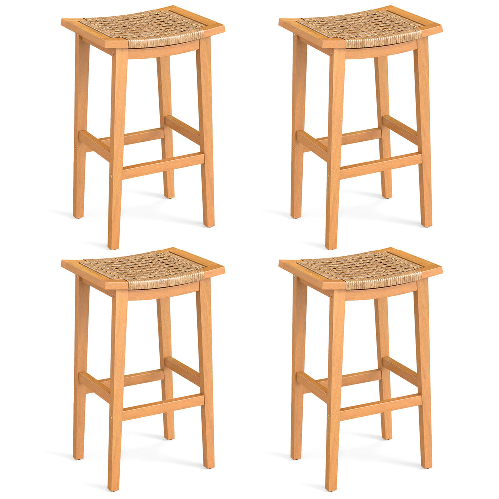 Set of 2 outdoor acacia wood bar stools with PE rattan seats, featuring ergonomic saddle design and footrests for.