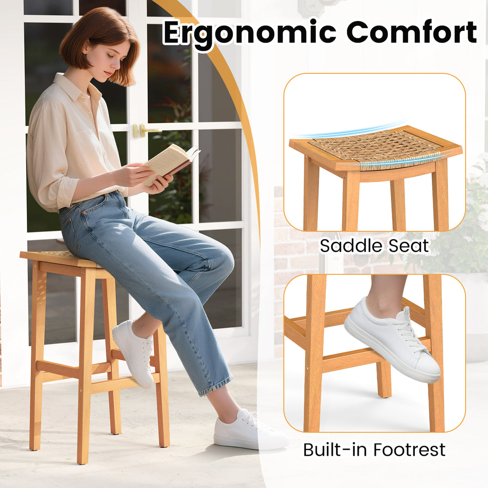 Acacia wood bar stool with PE rattan seat and backrest, featuring a saddle seat and built-in footrest for outdoor.