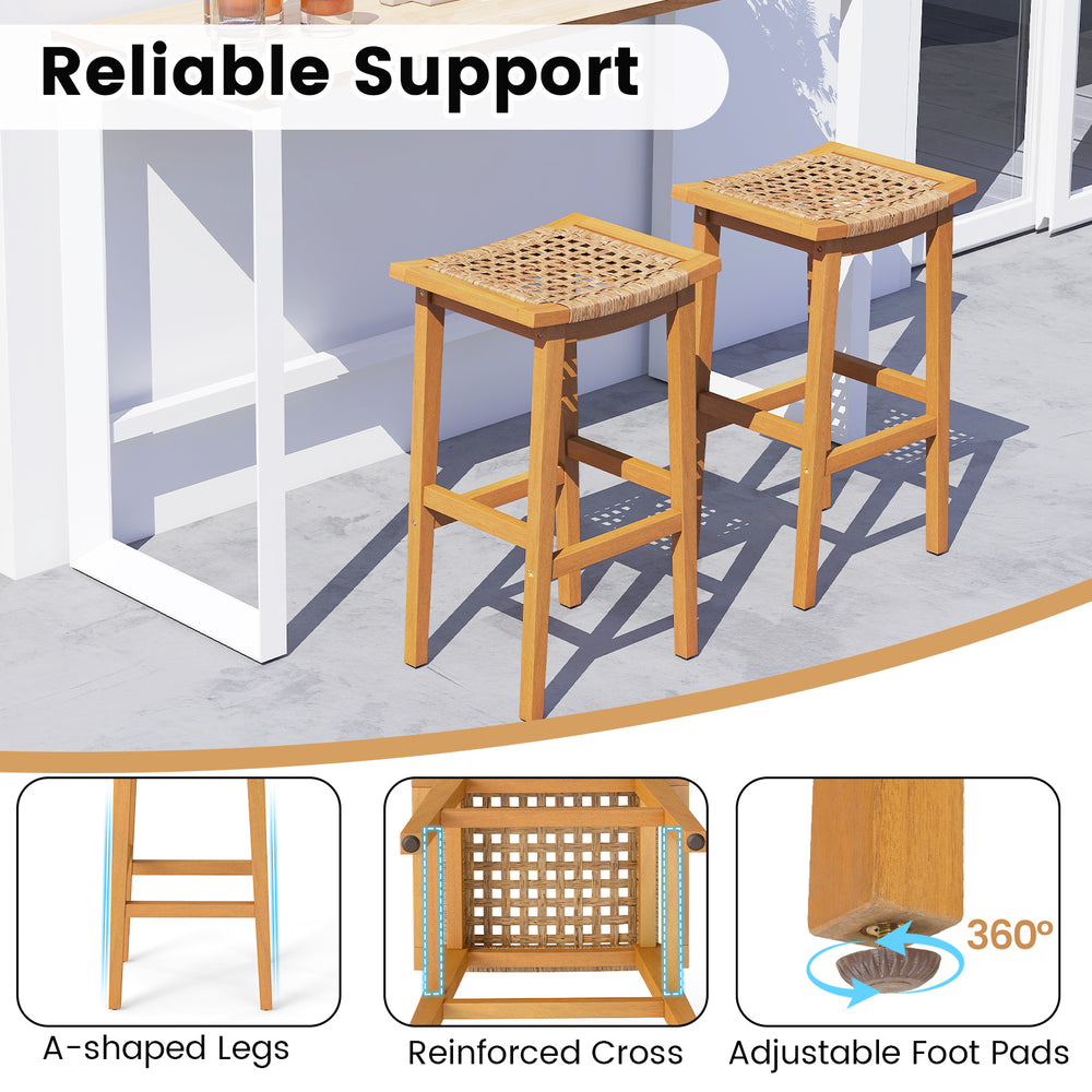 Outdoor acacia wood bar stools set of 2 with PE rattan seats, featuring adjustable foot pads for stability and comfort.