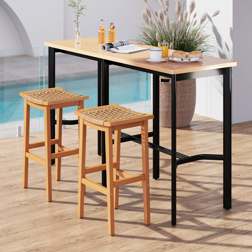 Acacia wood bar stools set of 2 with PE rattan seats, perfect for outdoor patio or kitchen island use.