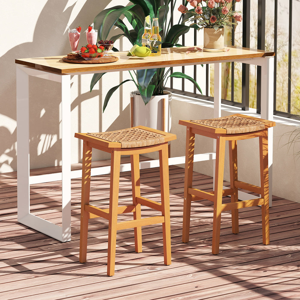 Set of 2 outdoor acacia wood bar stools with PE rattan seats, perfect for patio or balcony use.