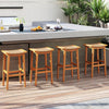 Set of two outdoor acacia wood bar stools with PE rattan seats, perfect for patio or kitchen island use.