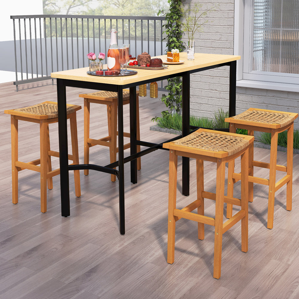 Outdoor acacia wood bar stools set with PE rattan seats, perfect for patio or balcony gatherings.