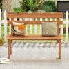 Outdoor acacia wood garden bench with ergonomic backrest, featuring two decorative pillows, perfect for patio.