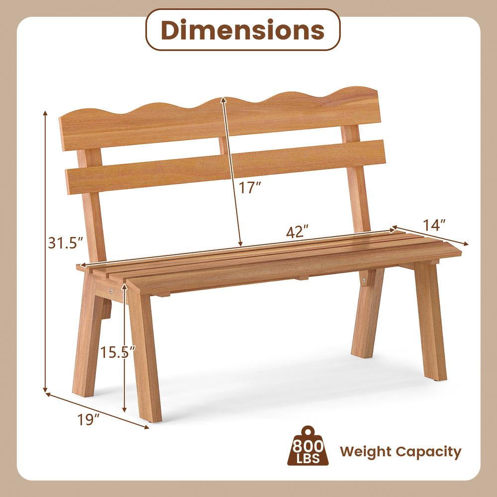 Outdoor acacia wood garden bench dimensions with ergonomic backrest, slatted seat, and 800 lbs weight capacity for.